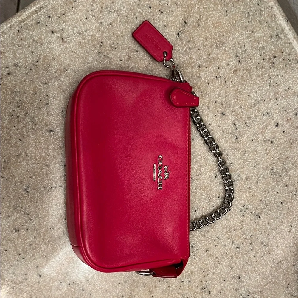 Coach Red Leather Wristlet with Chain Strap
